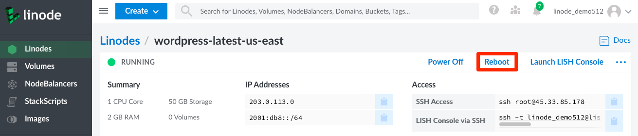 Cloud Manager Linode Detail Menu Reboot Option